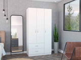3 Door White Armoire with Drawers Shelves and Hanging Rod