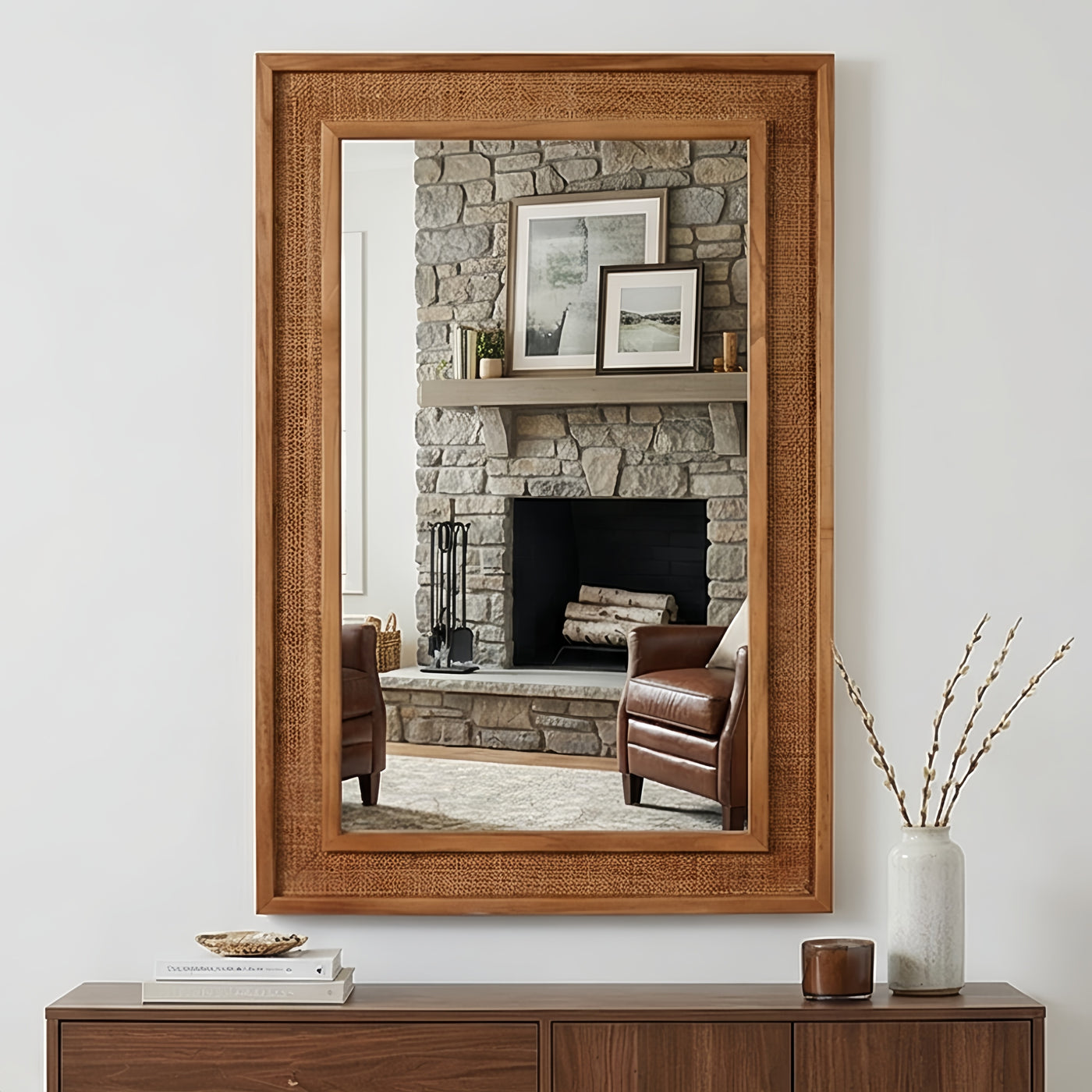 Yellowish Brown Rattan Rectangle Mirror 24x36 Farmhouse