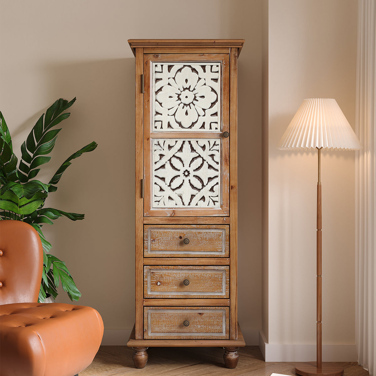 Rustic Wooden Storage Cabinet with Decorative Cutout Door & 3 Drawers, Tall Narr