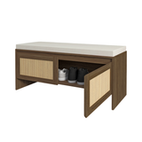 PP Rattan Storage Bench with Cushion, Faux Rattan Shoe Cabinet with 2 Doors