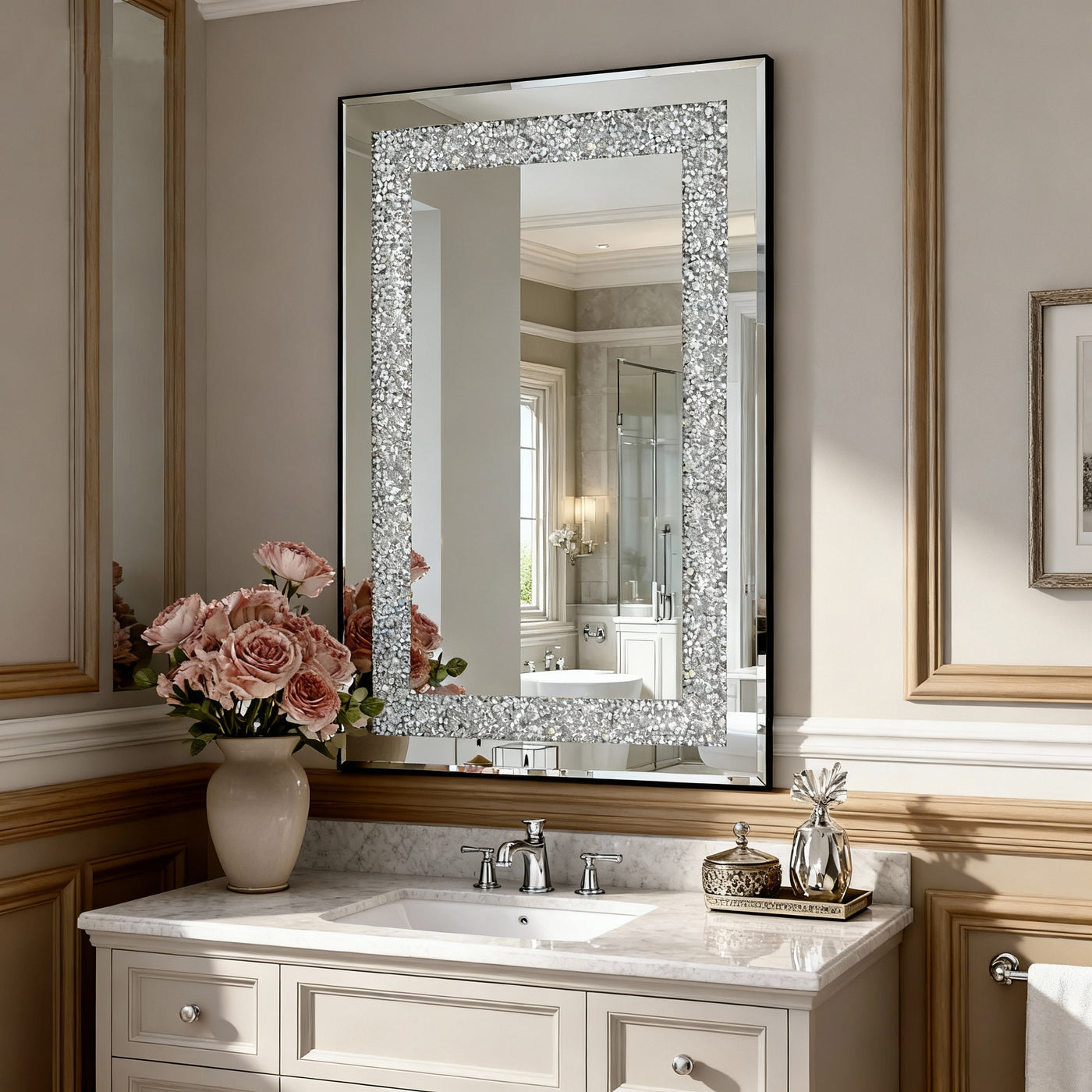 Large 36x24" Silver Mirror Beveled Edge Wall Decor
