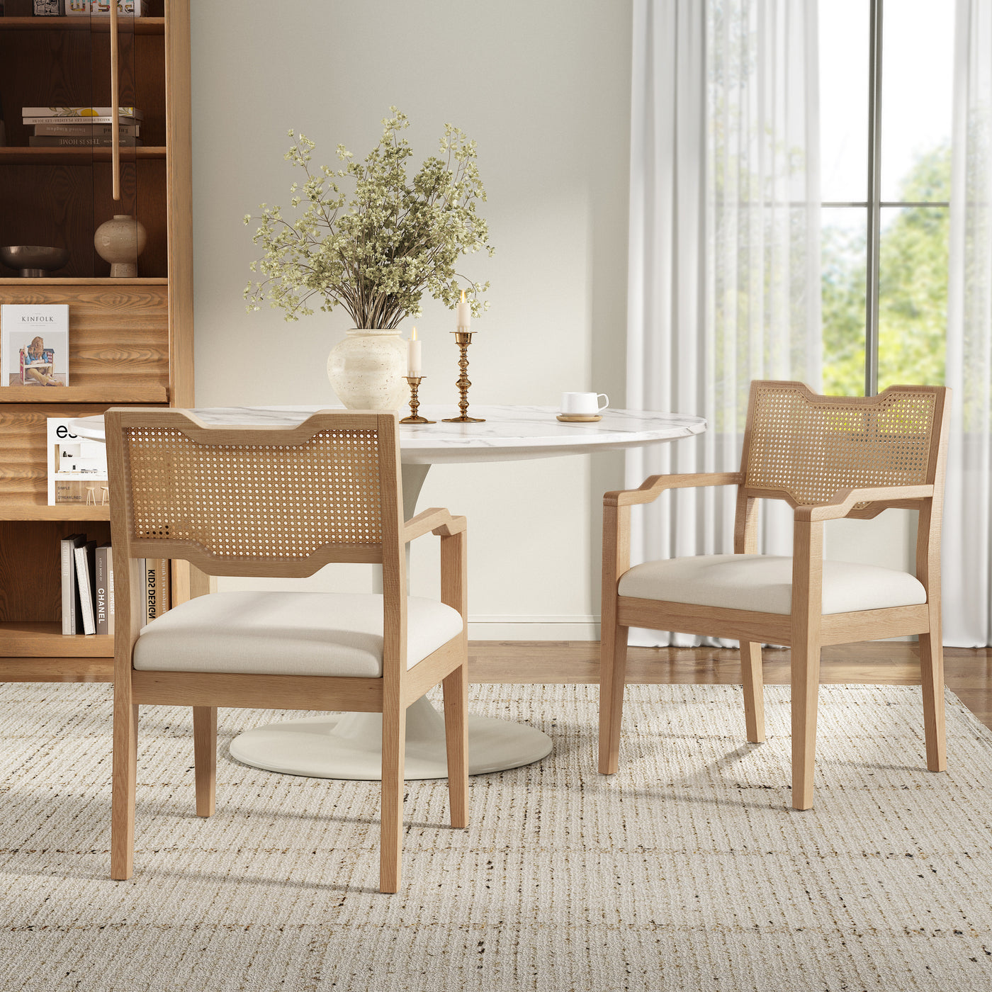 Farmhouse Dining Chairs Set of 2, Brown Rattan Backrest
