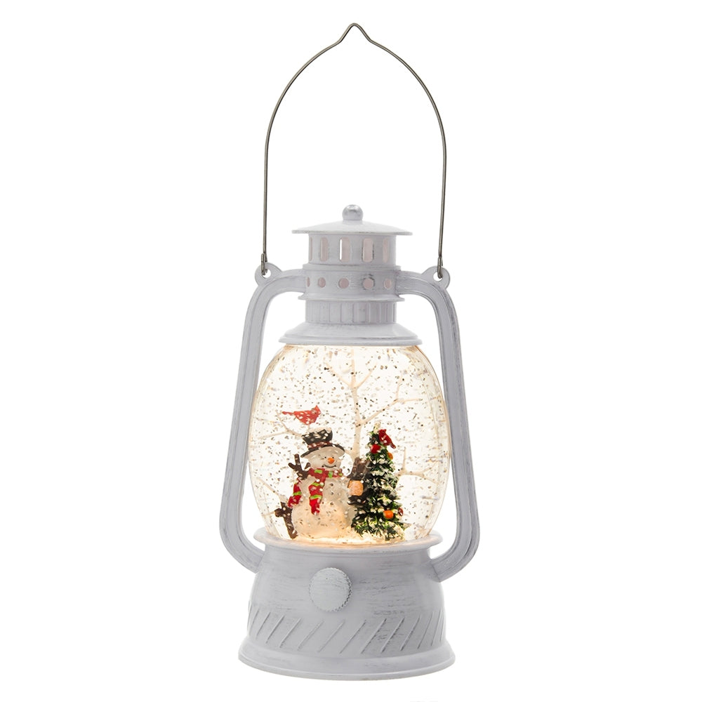 White Christmas Lantern with Snowman & Tree, LED Water Spinning Timer