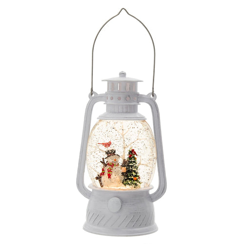White Christmas Lantern with Snowman & Tree, LED Water Spinning Timer