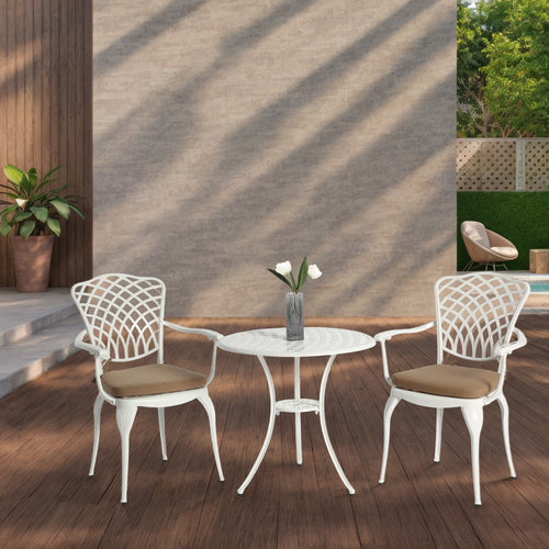Outdoor Bistro Set Cast Aluminum White 3 Piece Umbrella Hole Cushions