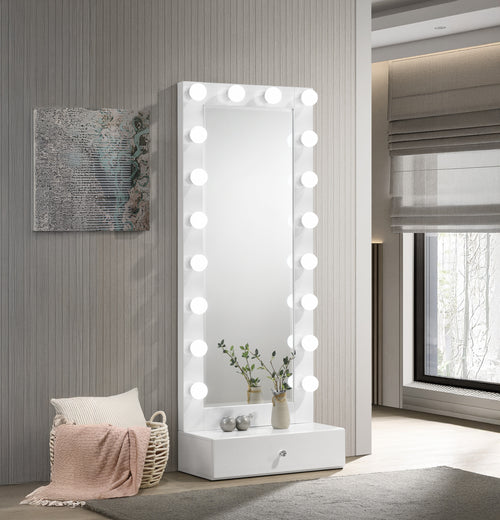 Glam Tall Lighted Vanity Mirror Beveled Glass Drawer White