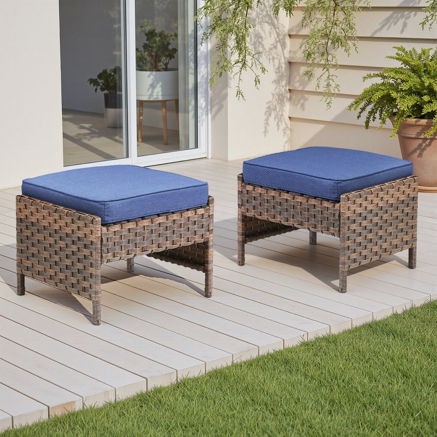 Outdoor PE Wicker Ottomans Set of 2, Brown Rattan Footrests