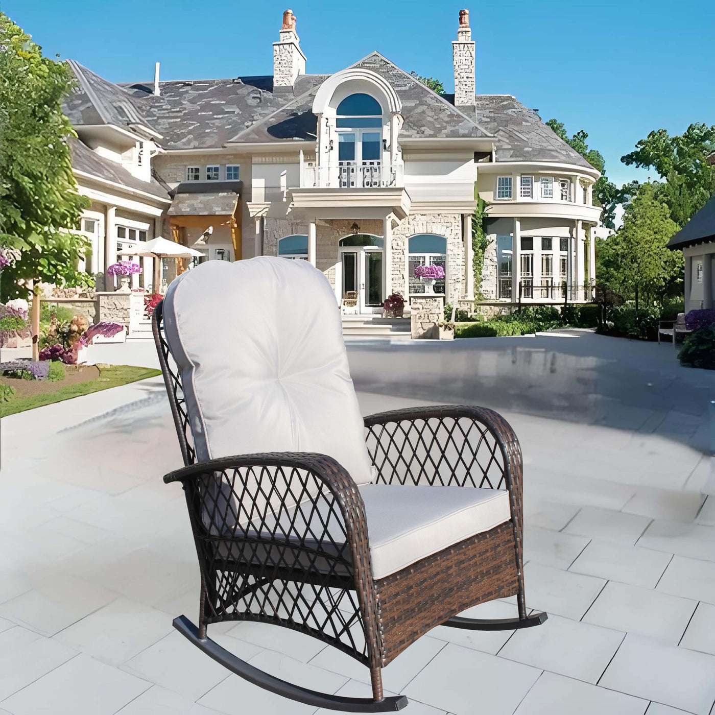 Outdoor Wicker Rocking Chair Grey Cushion Steel Frame
