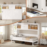 White Twin Size Murphy Bed with Charging Station and Drawer, Solid Pine Wood + MDF