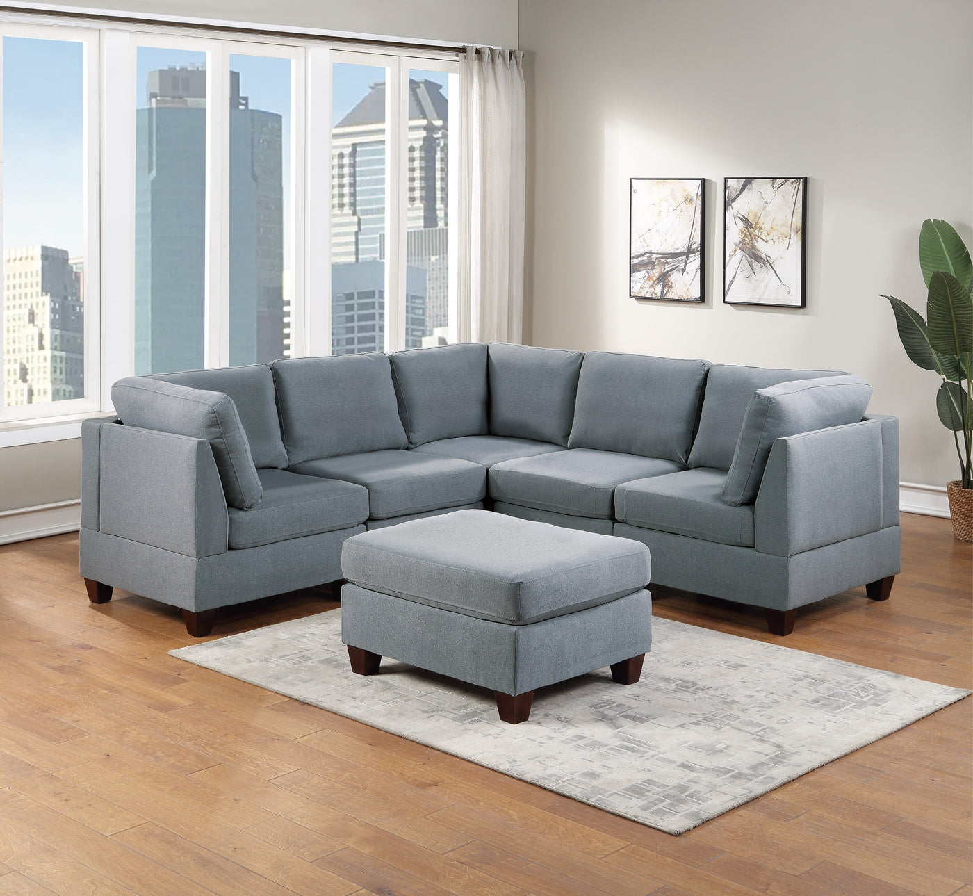 6-Piece Grey Linen Modular Sectional Couch with Corner Wedge