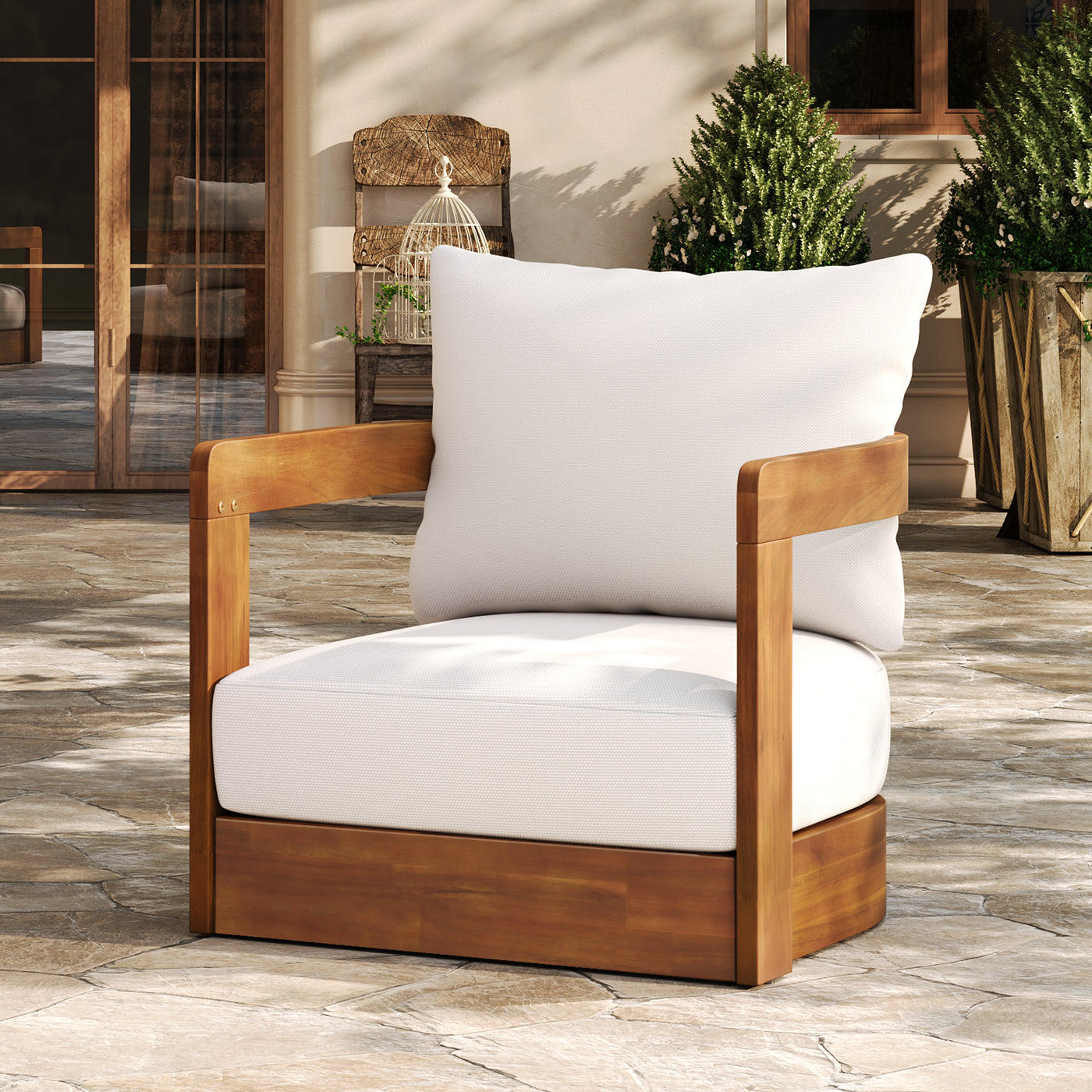 Outdoor Club Chair Acacia Wood Tub Shape Teak Beige Cushion