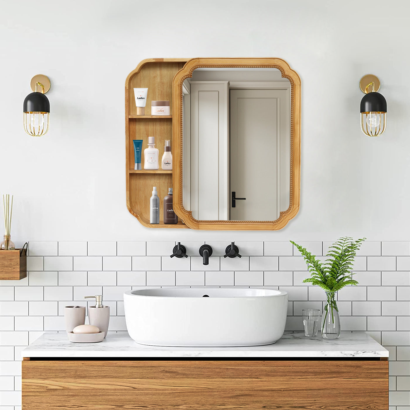 Wood Framed Wall Mount Mirror Cabinet with Storage Shelves