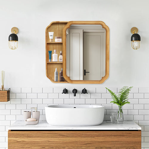 Wood Framed Wall Mount Mirror Cabinet with Storage Shelves