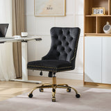 Swivel Office Chair Velvet Black Tufted Button Gold Metal Base 24.8x38.6 In