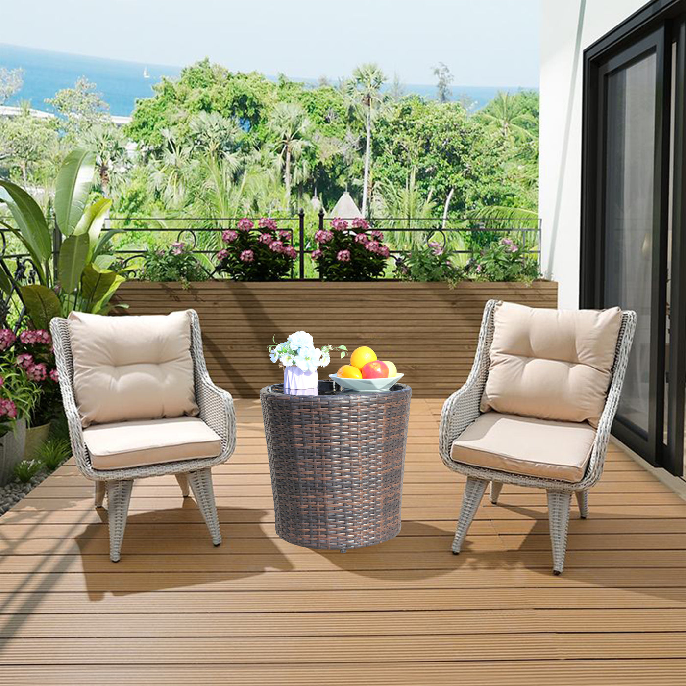 Round Patio Coffee Table with Black Tempered Glass