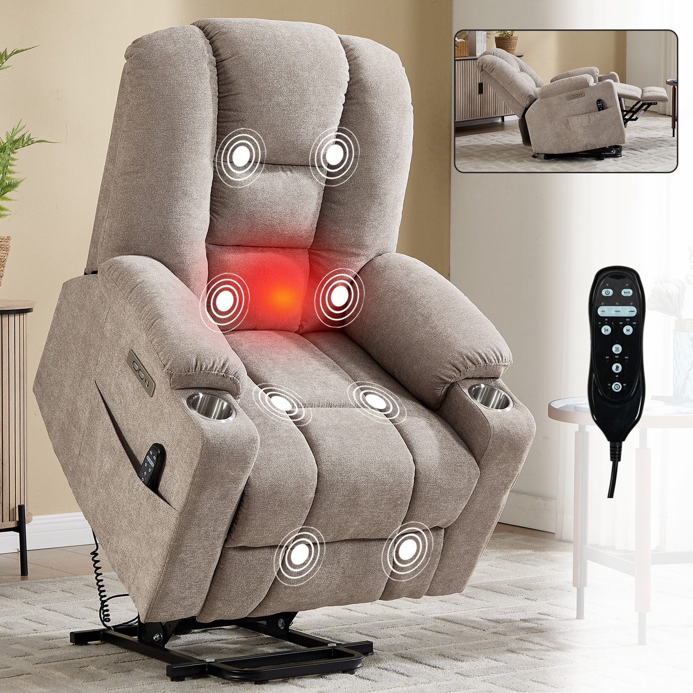 Power Lift Recliner Chair Massage Heat USB Khaki