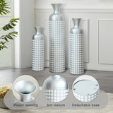 3 Pack Silver Metal Vase Set, Nested Semi-Handcrafted Embossed Vases