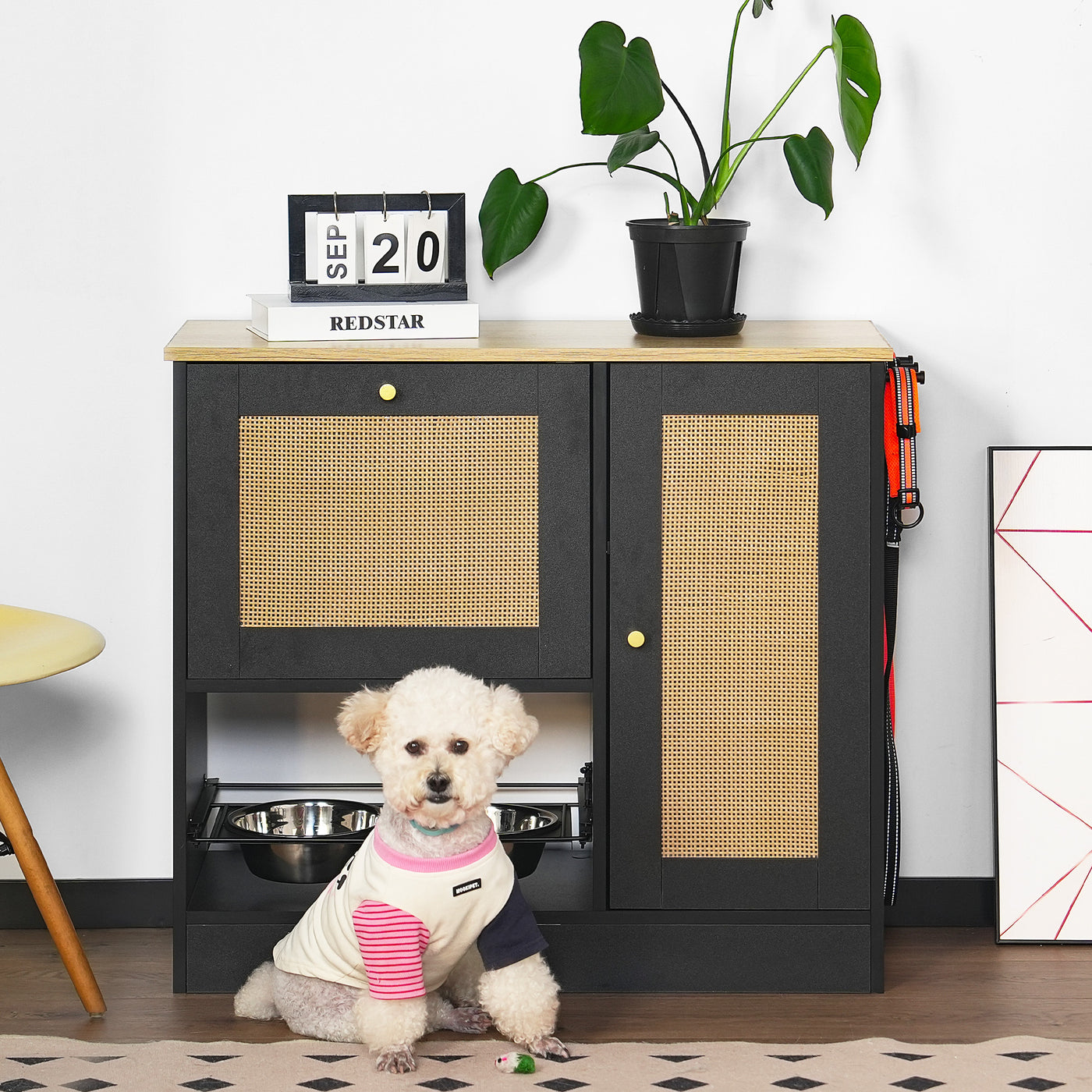 Elevated Pet Feeding Station with 2 Bowls Anti-Tip Rattan
