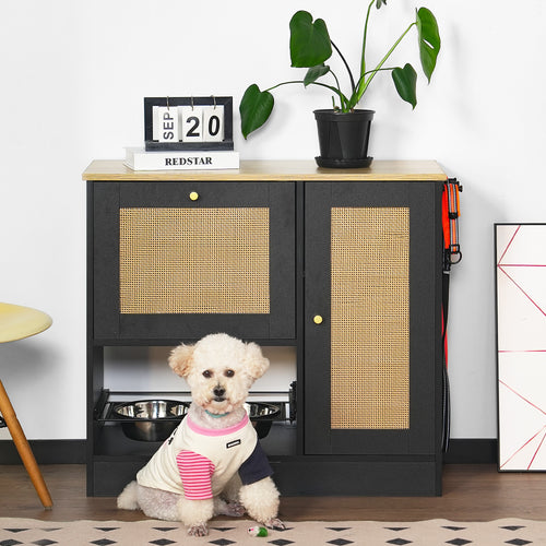 Elevated Pet Feeding Station with 2 Bowls Anti-Tip Rattan