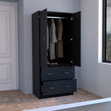 Black Armoire with Double Doors, 2 Drawers, Hanging Rod