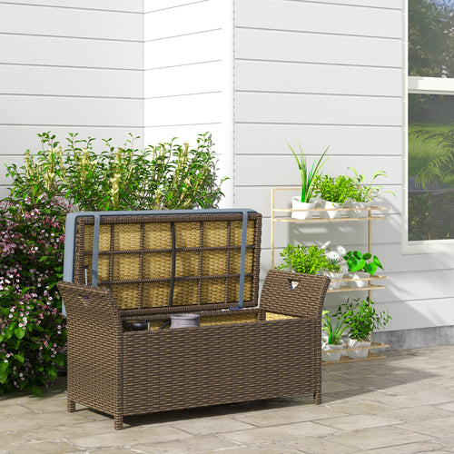 Outdoor Storage Bench PE Rattan Dark Blue 27 Gallon 2 in 1 with Cushion