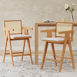 27" Cream Woven Cane Plastic Backrest Bar Stool Padded Seat