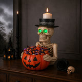 Halloween Skeleton Figurine with Pumpkin Candy Bowl & Candle Holder, Spooky Tabl