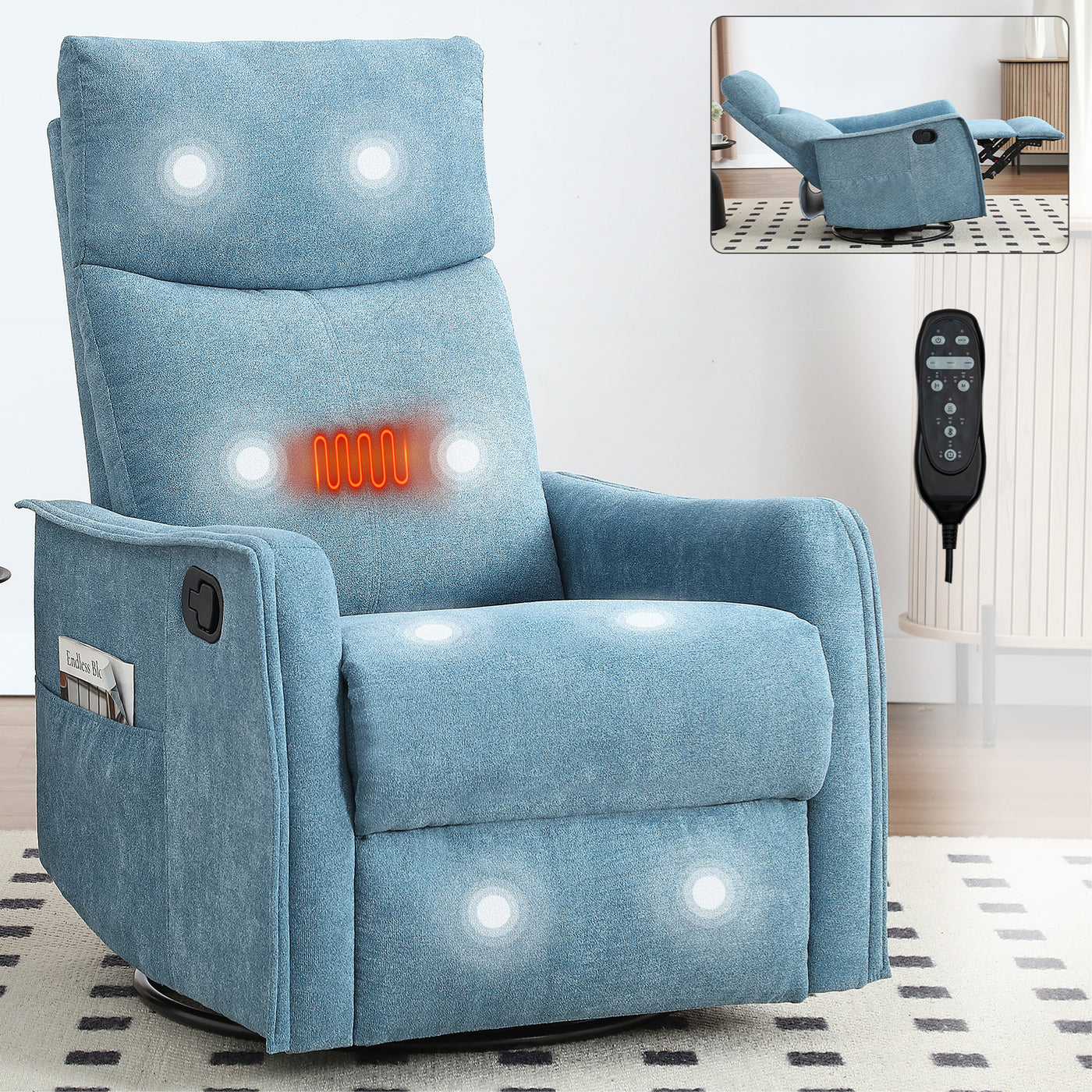 Blue Fabric Heat Massage Manual Recliner Chair with Rocker Swivel