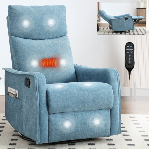 Blue Fabric Heat Massage Manual Recliner Chair with Rocker Swivel