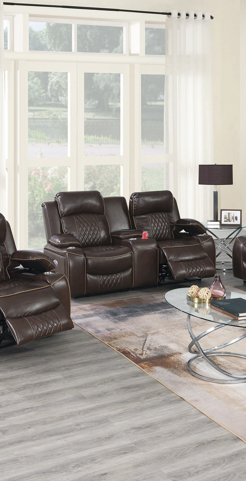 Power Motion Loveseat Contemporary Brown Gel Leatherette Storage Arms