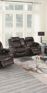 Power Motion Loveseat Contemporary Brown Gel Leatherette Storage Arms