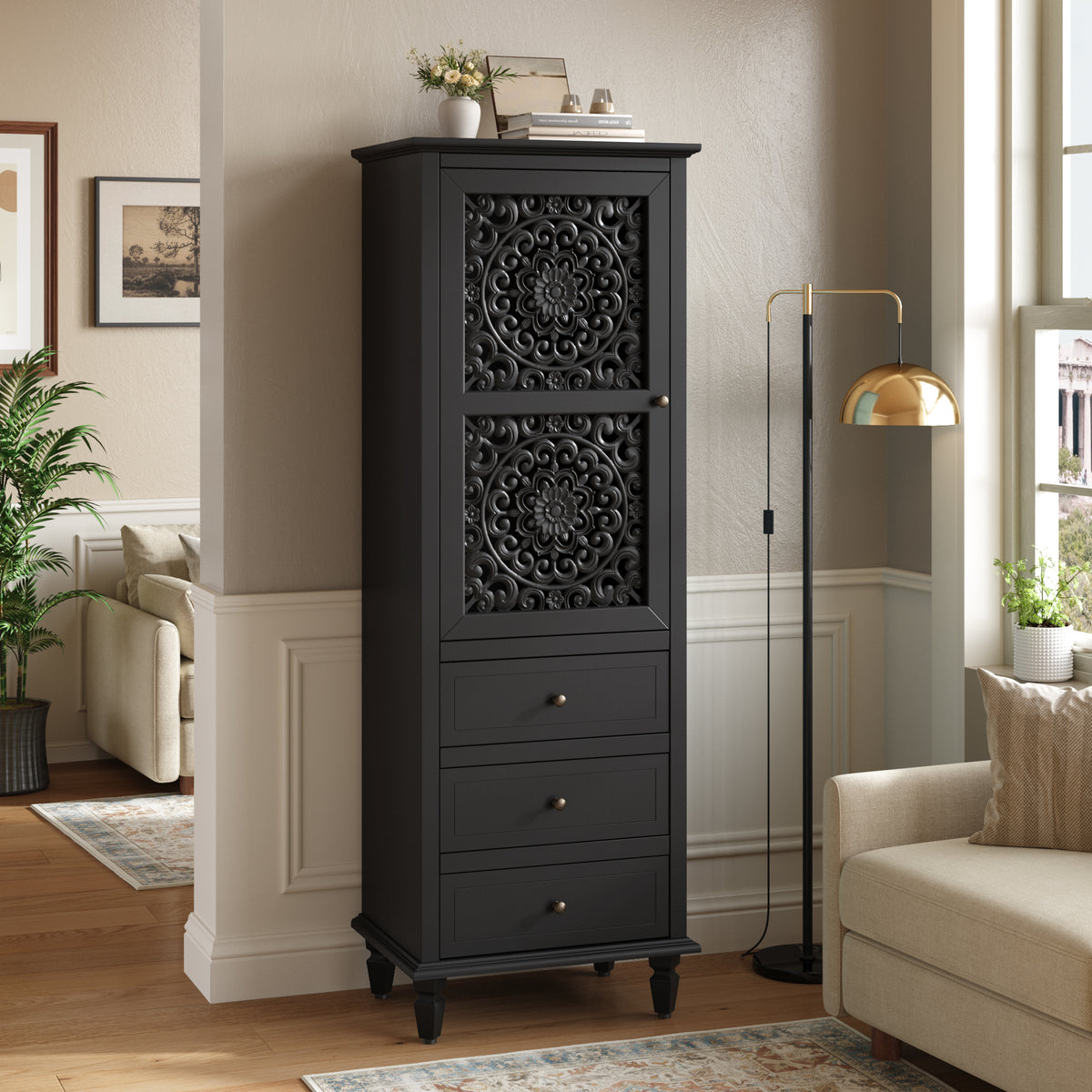 63' Tall Farmhouse Vintage Decorative Cabinet with Carved Door & 3 Drawers, Free