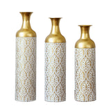 Gold White Metal Vase Set of 3, Tall Decorative Cylinder Flower Vases