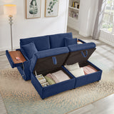 Convertable Loveseat L-Shape Corduroy Blue Storage Chaise 2 Ottomans USB 69 In