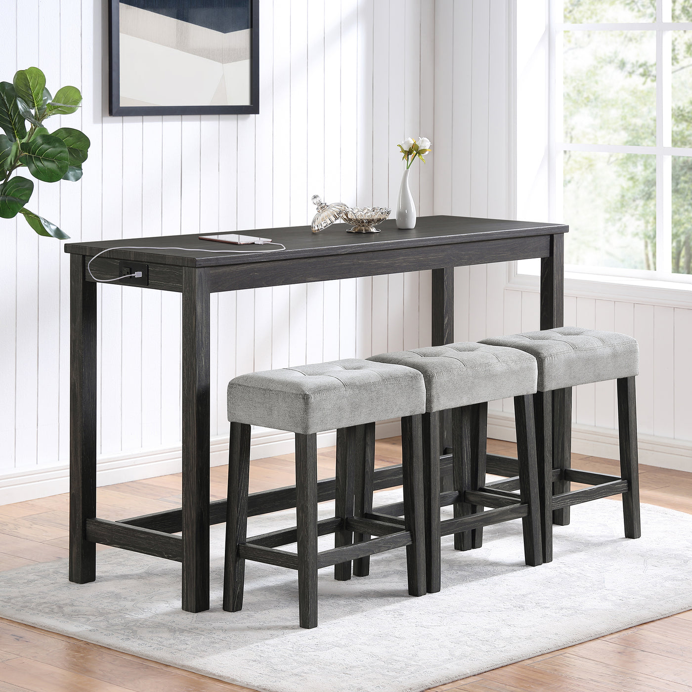 Industrial Bar Table Set with Power Outlet, 4-Piece Dining