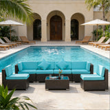 Outdoor Sectional Set PE Rattan Steel Turquoise 7pc