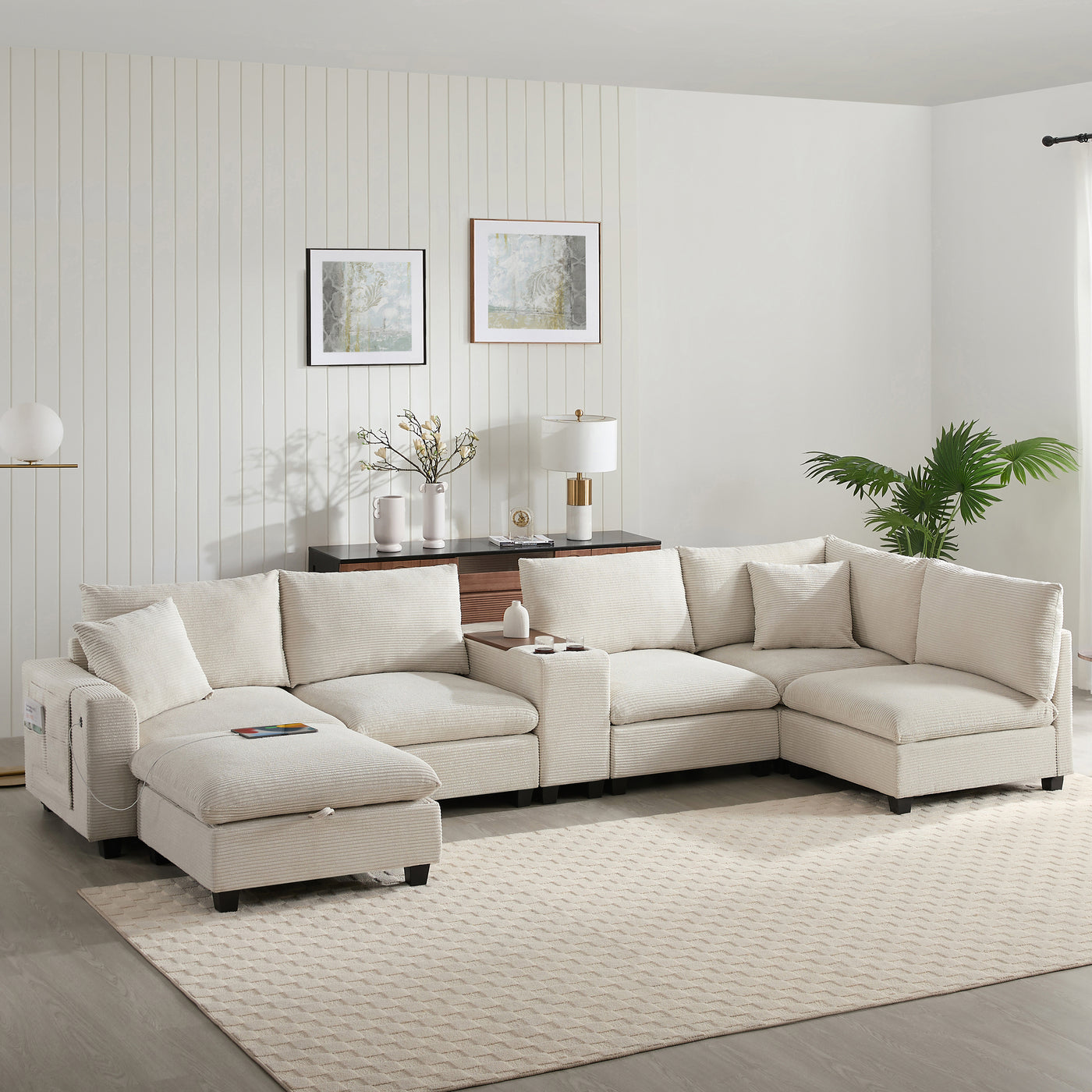 Sectional Sofa U-Shape Corduroy Beige 6 Seat Storage Ottoman USB 140 In