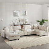 Sectional Sofa U-Shape Corduroy Beige 6 Seat Storage Ottoman USB 140 In