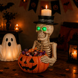 Halloween Skeleton Figurine with Pumpkin Candy Bowl & Candle Holder, Spooky Tabl