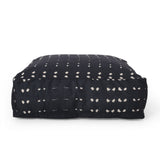 Dark Blue White Fabric Square Pouf Ottoman Beads