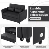 Convertible Sleeper Sofa Bed Loveseat Black PU Leather USB Ports