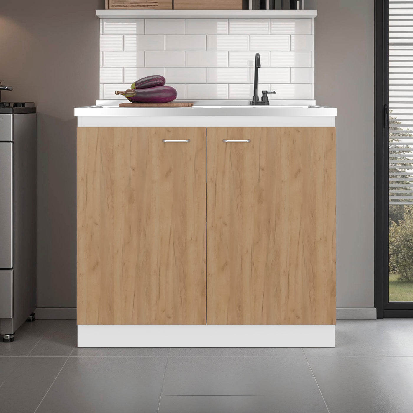 Salento Freestanding Double Door Sink Cabinet White Natural Oak