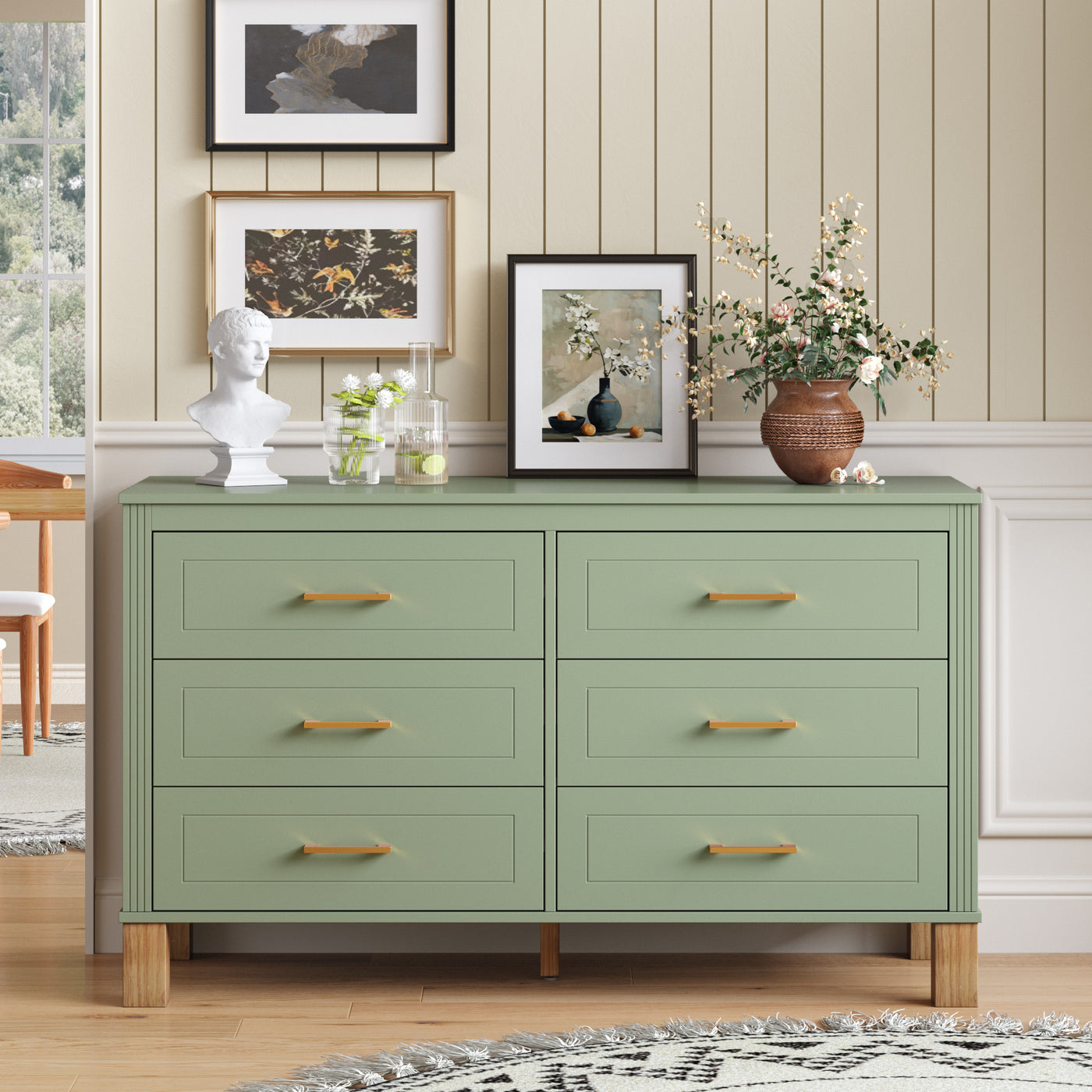 6-Drawer Sage Green Wooden Dresser with Metal Handles
