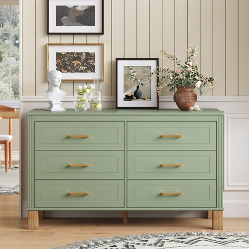6-Drawer Sage Green Wooden Dresser with Metal Handles