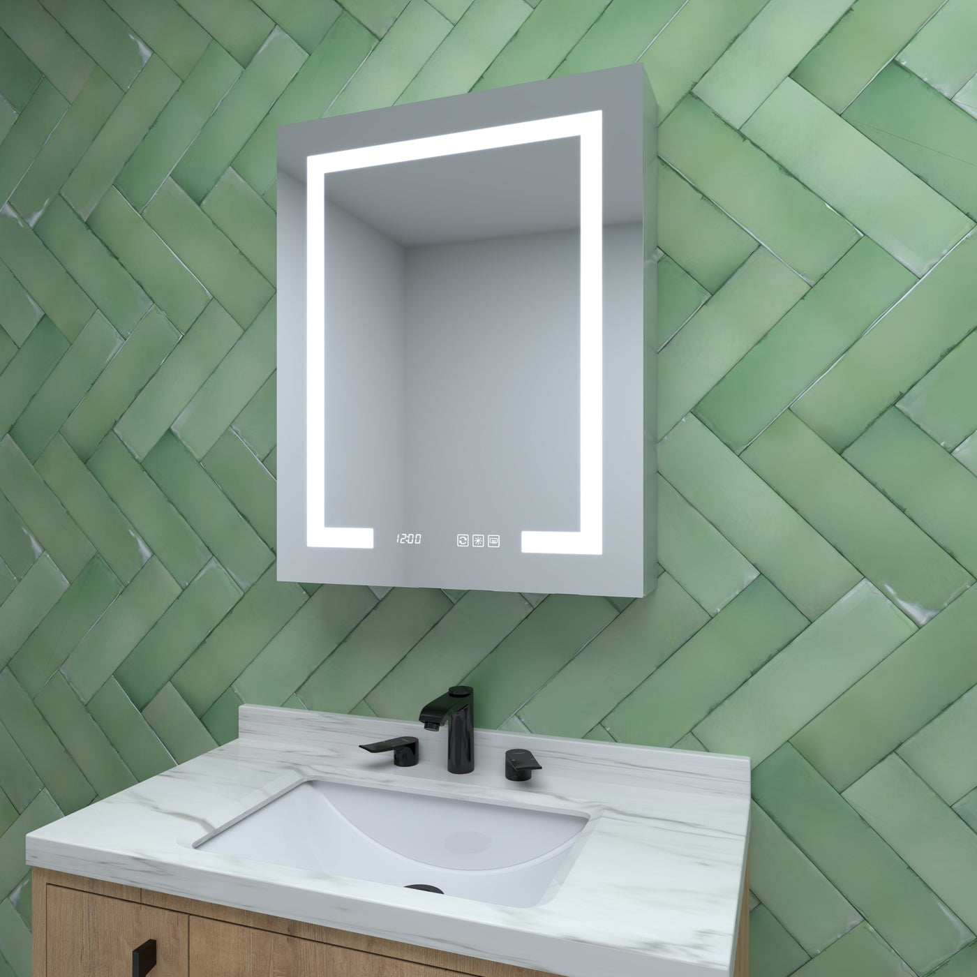 24"W x 30"H Silver Aluminum Recessed Medicine Cabinet LED Clock Mirror