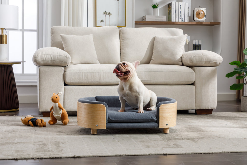 Scandinavian Elevated Dog Bed With Solid Wood Legs Velvet Cushion Dark Grey