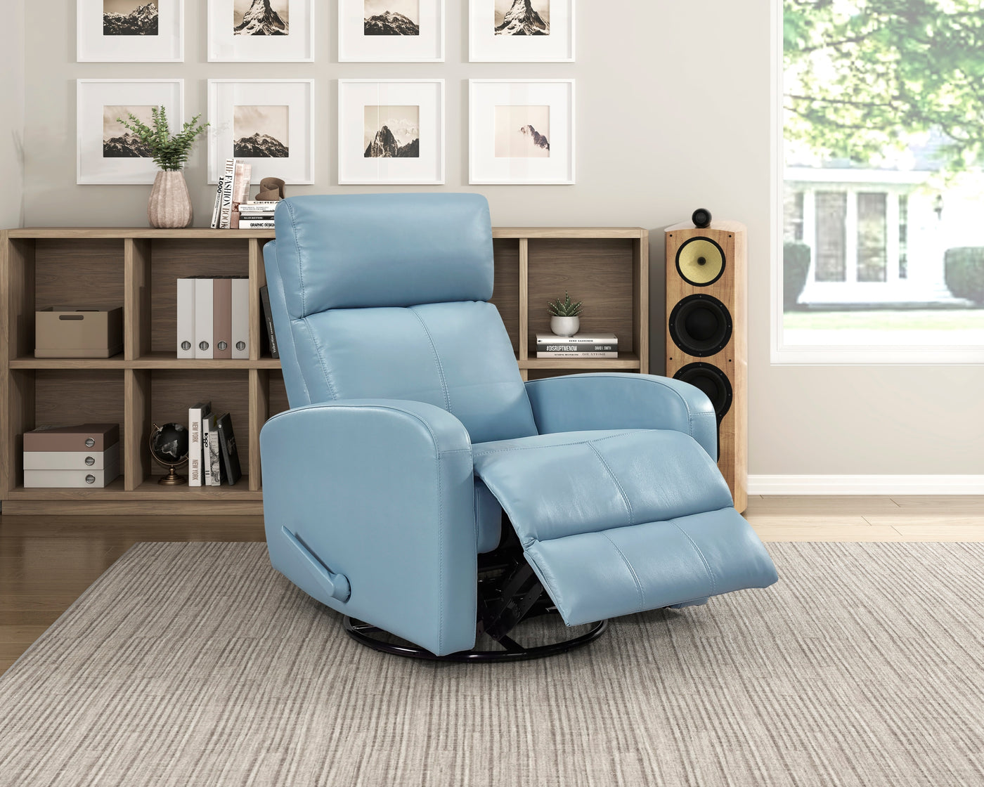 Blue Leather Glider Recliner Chair with Swivel Motion