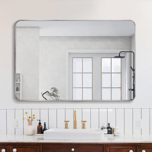 30x40 Silver Metal Framed Rectangular Bathroom Mirror for Wall