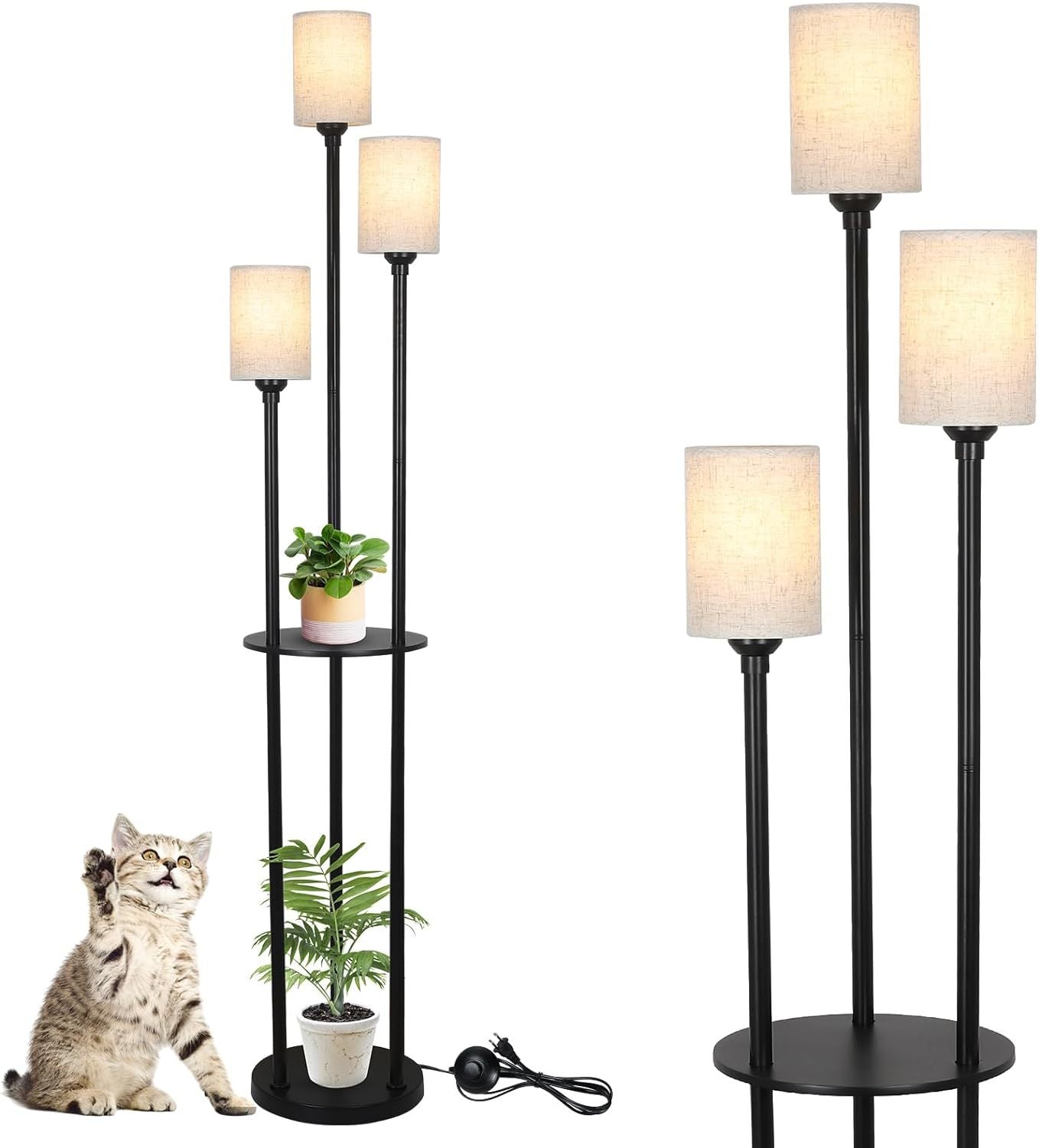 3-Light Industrial Floor Lamp with Shelves and Linen Shade