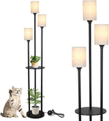 3-Light Industrial Floor Lamp with Shelves and Linen Shade